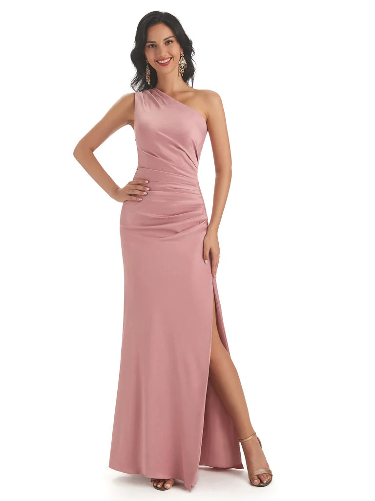 Sexy Pink Mermaid One Shoulder Cheap Long Bridesmaid Dresses Online,WG1058