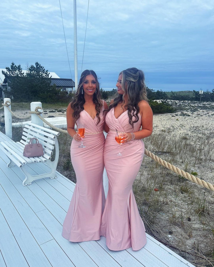 Sexy Mermaid Pink V-neck Mermaid Maxi Long Bridesmaid Dresses,WG1647