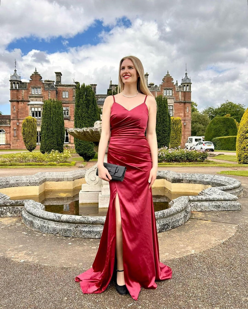 Sexy Red Mermaid Spaghetti Straps Side Slit Mermaid Maxi Long Bridesmaid Dresses,WG1646