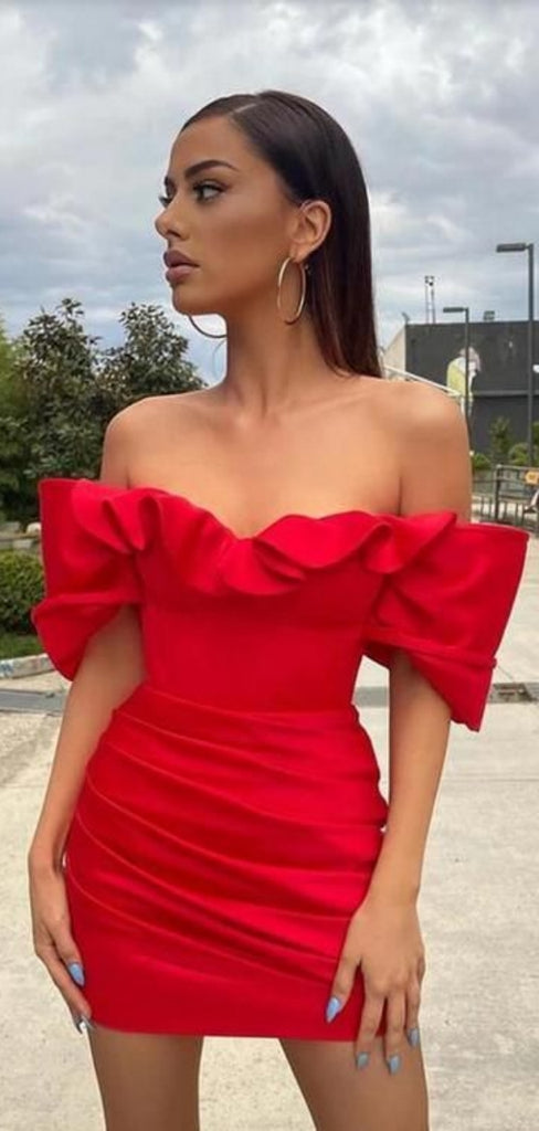 Simple Red Sheath Off Shoulder Mini Short Prom Homecoming Dresses Online,CM988