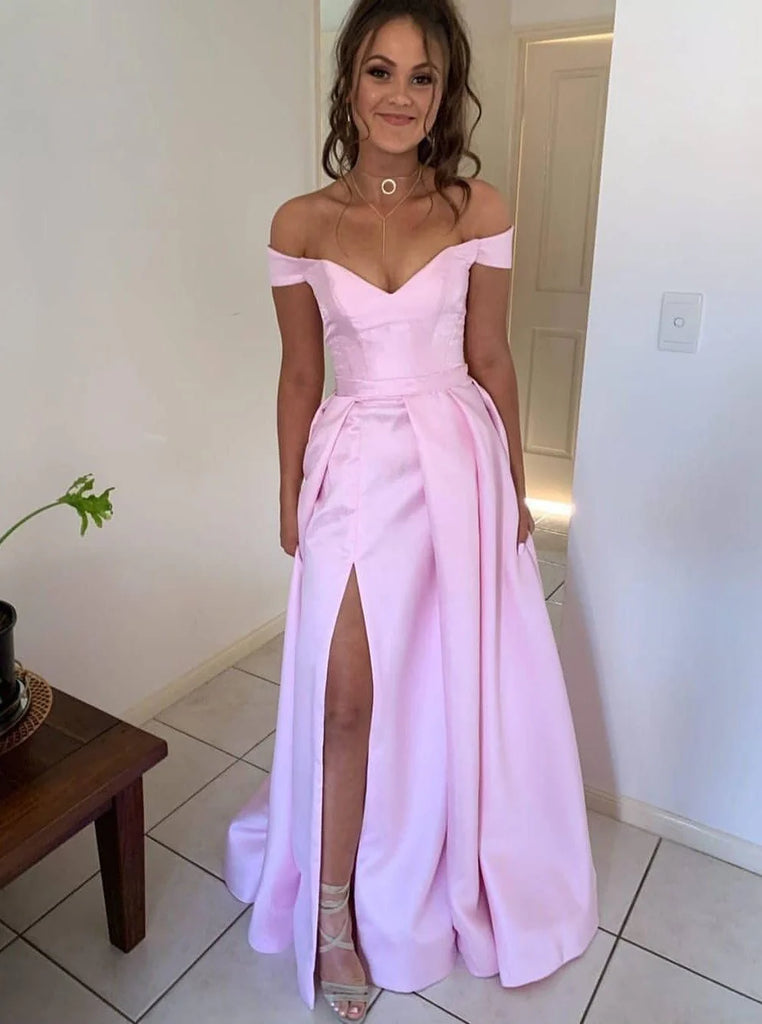 Simple Pink A-line Off Shoulder Maxi Long Party Prom Dresses,Evening Dress,13340