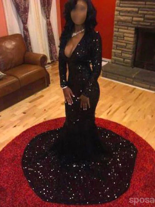 Black Sequin Long Evening Prom Dress, Black 2017 Prom Dress, Long sleeve Evening Dress, Sparkly Prom Dress, Simple Prom Dress, 17019