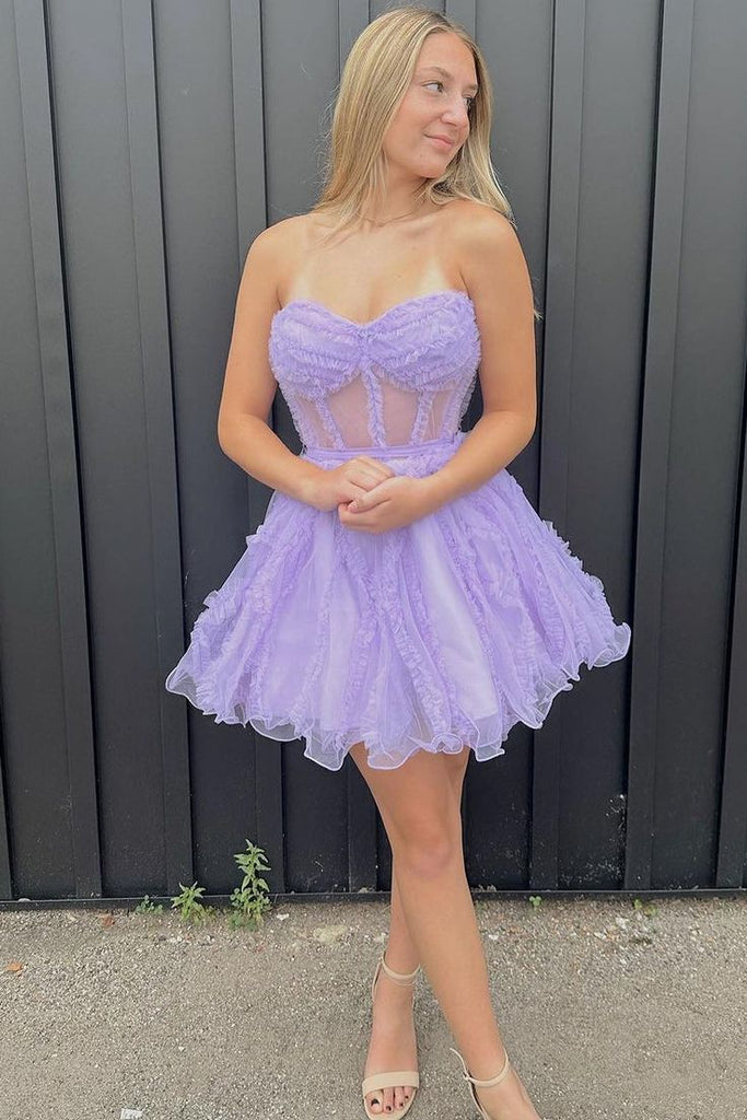 Cute A-line Purple Strapless Mini Short Prom Homecoming Dresses,CM1026