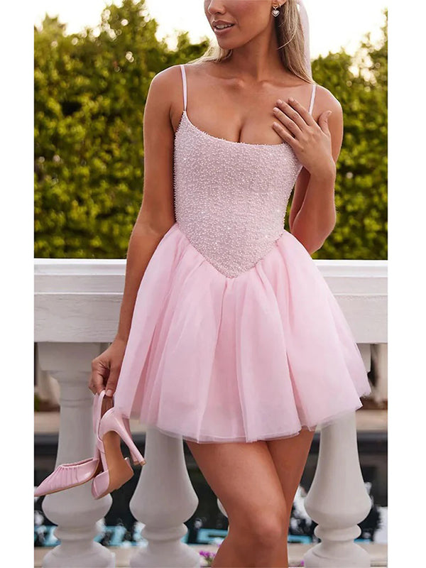 Cute Pink A-line Spaghetti Straps Short Prom Homecoming Dresses,CM966