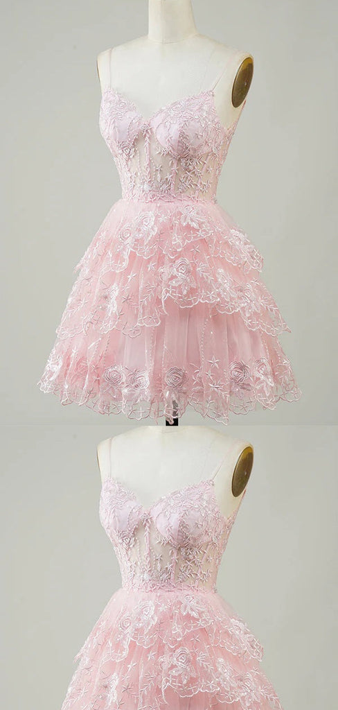 Cute Pink A-line Spaghetti Straps Short Prom Homecoming Dresses,CM972