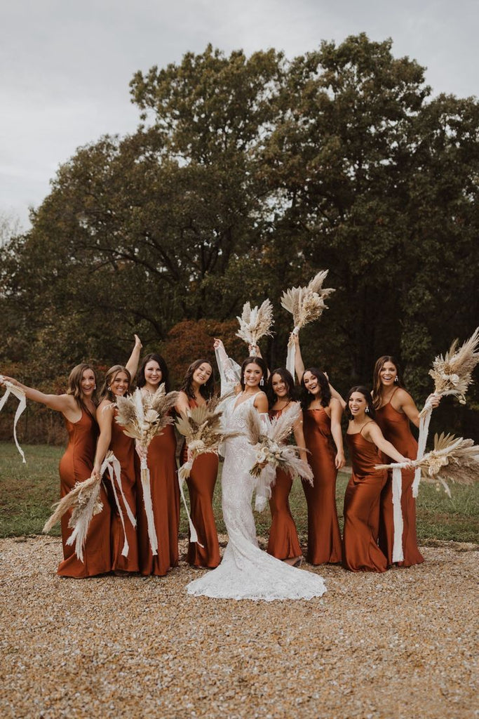 Sexy Rust Sheath Spaghetti Straps Long Wedding Guest Bridesmaid Dresses,WG1544