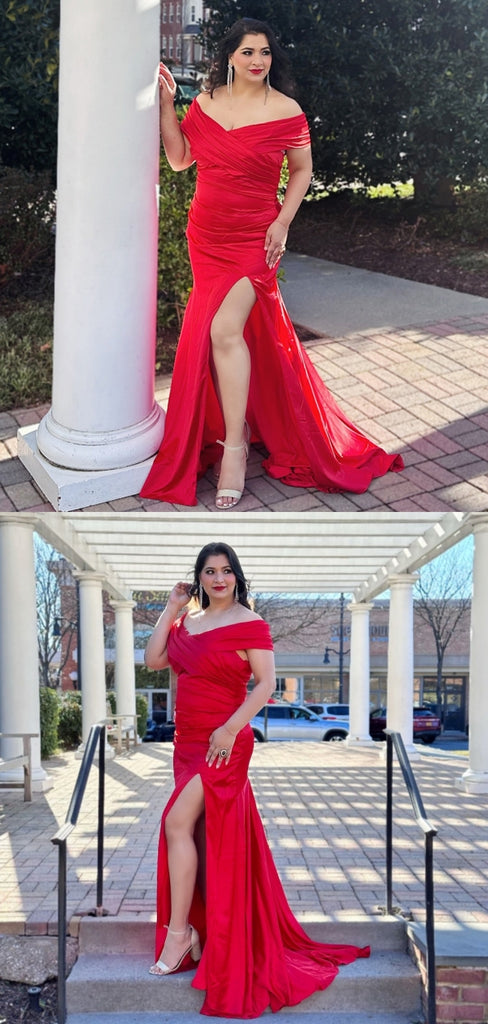 Sexy Mermaid Red Off Shoulder Side Slit Mermaid Maxi Long Bridesmaid Dresses,WG1645