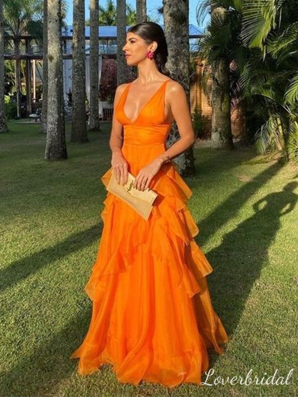 Sexy Orange A-line V-neck Long Party Prom Dresses To Impress,Evening Dress,13423