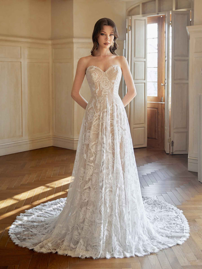 Elegant A-line Sweetheart Strapless Maxi Long Handmade Lace Wedding Dresses,WD805