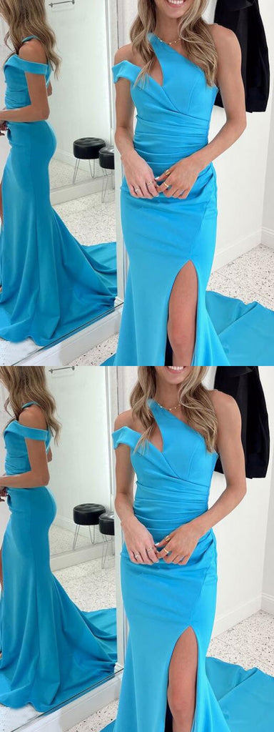 Elegant Blue Mermaid One Shoulder Side Slit Maxi Long Party Prom Dresses, Evening Dress,13173