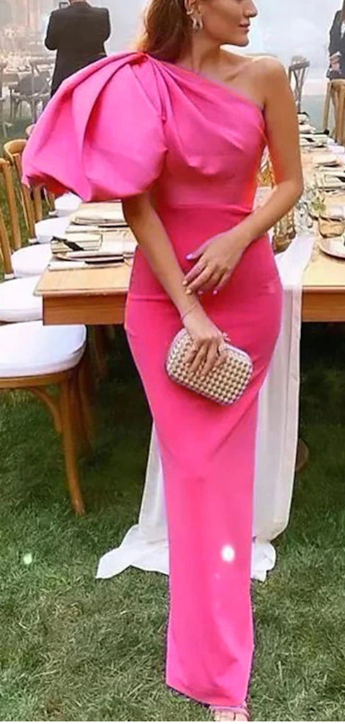 Elegant Pink Sheath One Shoulder Maxi Long Party Prom Dresses, Evening Dress,13203