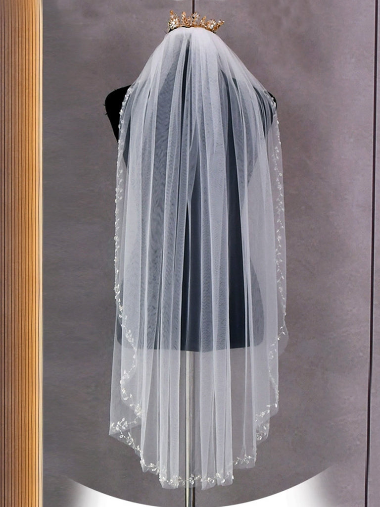 Elegant Simple Handmade Floral Pearls Long Bridal Veil, V127