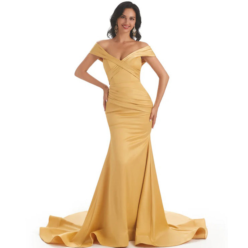 Champagne Gold Off Shoulder Mermaid Sexy Cheap Bridesmaid Dresses Online, WG568