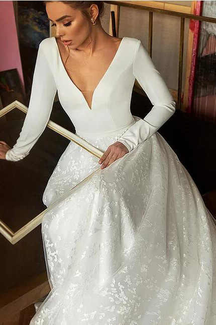 Gorgeous A-line Long Sleeves V-neck Maxi Long Handmade Lace Wedding Dresses,WD807