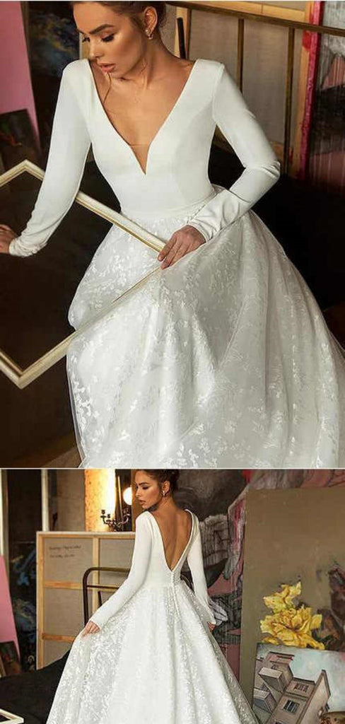 Gorgeous A-line Long Sleeves V-neck Maxi Long Handmade Lace Wedding Dresses,WD807