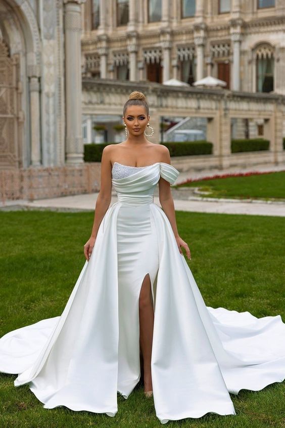Off White Mermaid One Shoulder Side Slit Maxi Long Party Prom Dresses,13097