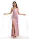 One Shoulder Dusty Pink Slit Long Bridesmaid Dresses Online, WG790