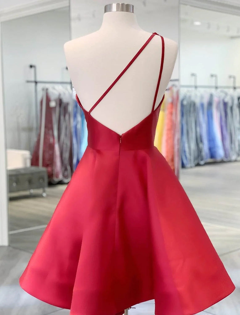 Red A-line Floral One Shoulder Short Prom Homecoming Dresses,CM960