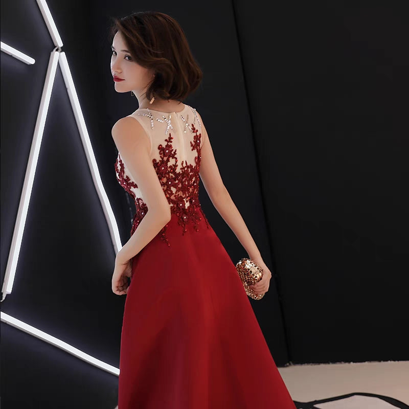 Red A-line Sleeveless Jewel Maxi Long Prom Dresses Online,PD0071