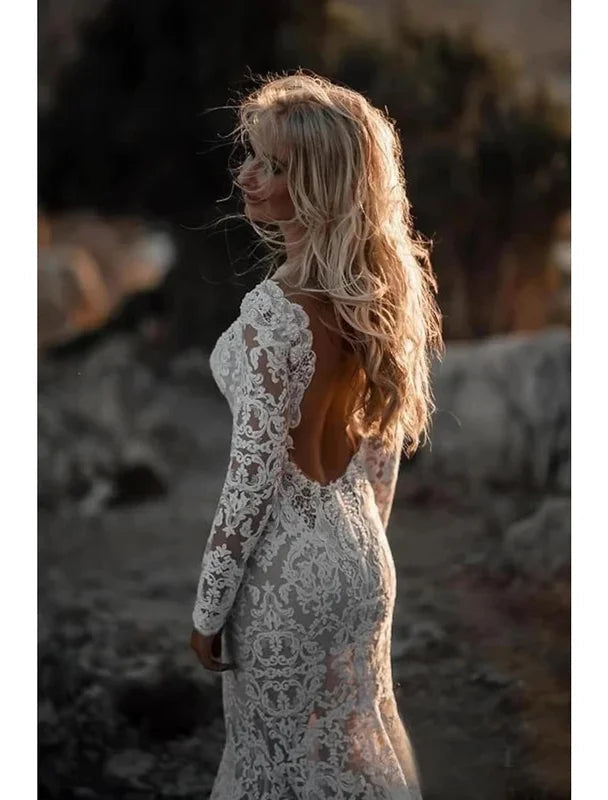 Sexy Backless Lace Mermaid Cheap Wedding Dresses Online, Long Sleeves Bridal Dresses, WD441