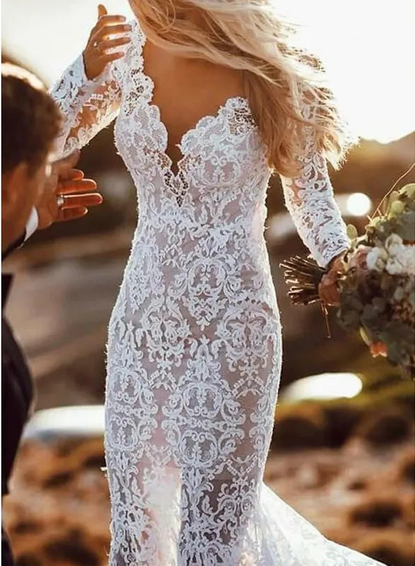 Sexy Backless Lace Mermaid Cheap Wedding Dresses Online, Long Sleeves Bridal Dresses, WD441