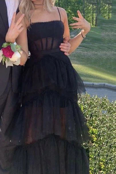 Sexy Black A-line Spaghetti Straps Maxi Long Party Prom Dresses Online,13108