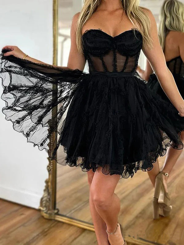 Sexy Black A-line Sweetheart Strapless Short Prom Homecoming Dresses,CM971