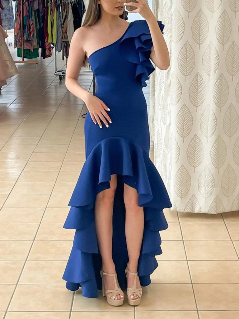 Sexy Blue Sheath One Shoulder High Low Maxi Long Party Prom Dresses, Evening Dress,13130