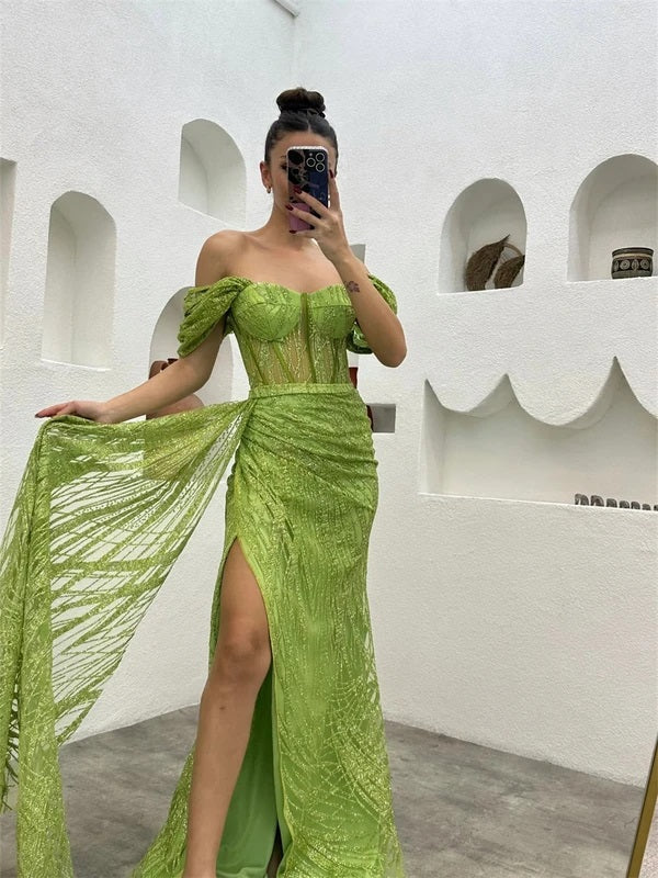 Sexy Green Mermaid Off Shoulder Side Slit Maxi Long Party Prom Dresses,13090