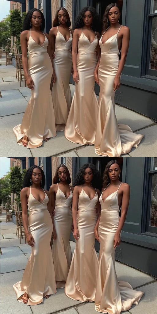 Sexy Mermaid Spaghetti Straps V-neck Maxi Long Bridesmaid Dresses,WG1510