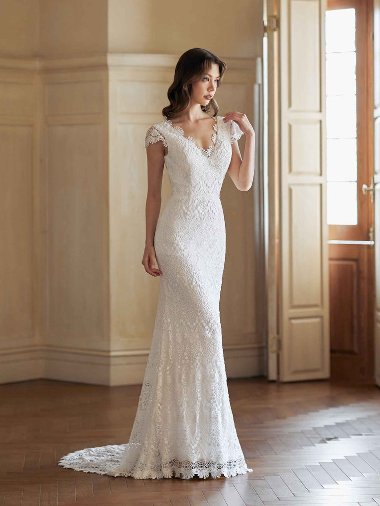 Sexy Mermaid V-neck Open Back Handmade Lace Wedding Dresses,WD794