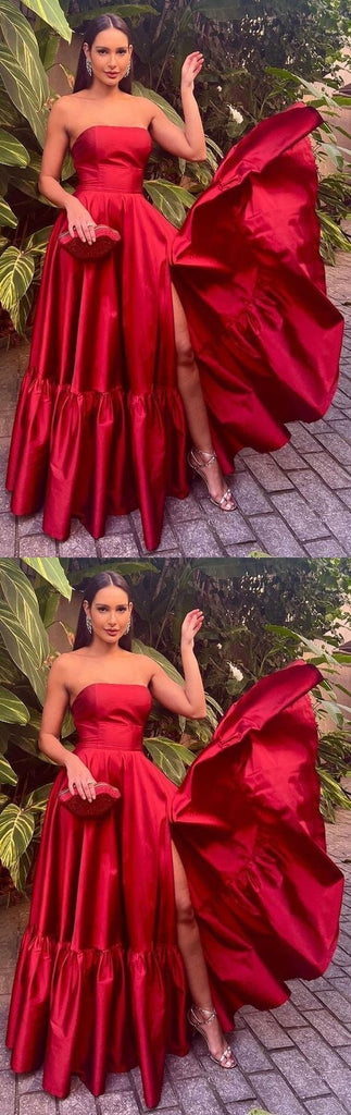 Sexy Red A-line Strapless Side Slit Maxi Long Party Prom Dresses, Evening Dress,13235
