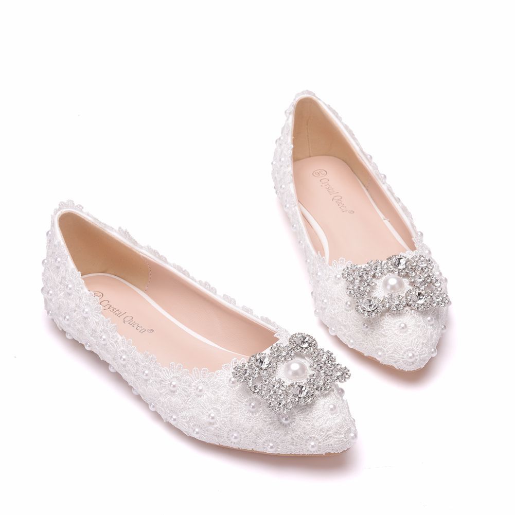 Women's Wedding Shoes Decorative Lace Pearl Wedding Flat Heels Bridal Shoes, H91