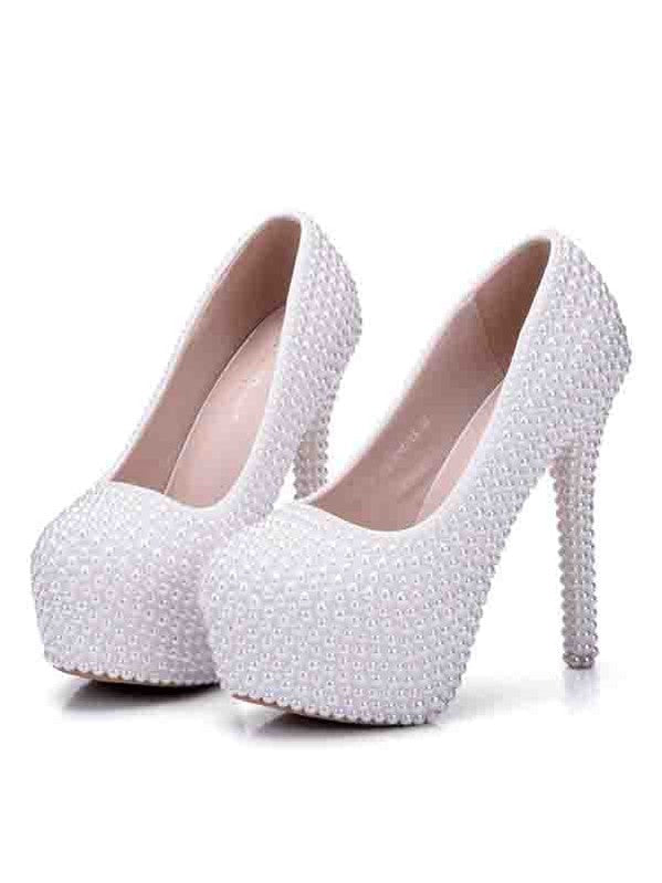 Women's Wedding Shoes Decorative White Pearl Wedding Heels Bridal Shoes, H83