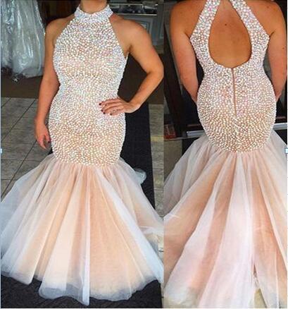 2017 Tulle Mermaid Evening Prom Dress, Long Cheap Evening Prom Dress, Pearls Prom Dress, 2017 Prom Dress, Formal Prom Dress, 17020