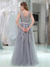 Gray Lace V Neckline Tulle Long Evening Prom Dresses, Popular Cheap Long Party Prom Dresses, 17265
