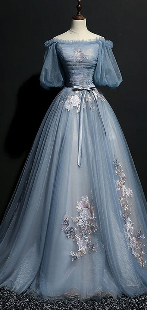 Blue A-line Off Shoulder Half Sleeves Long Party Prom Dresses, Dance Dresses,12360