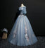 Blue A-line Off Shoulder Half Sleeves Long Party Prom Dresses, Dance Dresses,12360