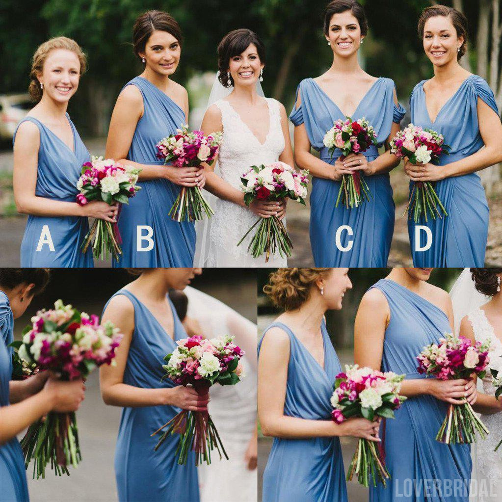 Blue Jersey Mismatched Long Charming Wedding Bridesmaid Dresses, WG341