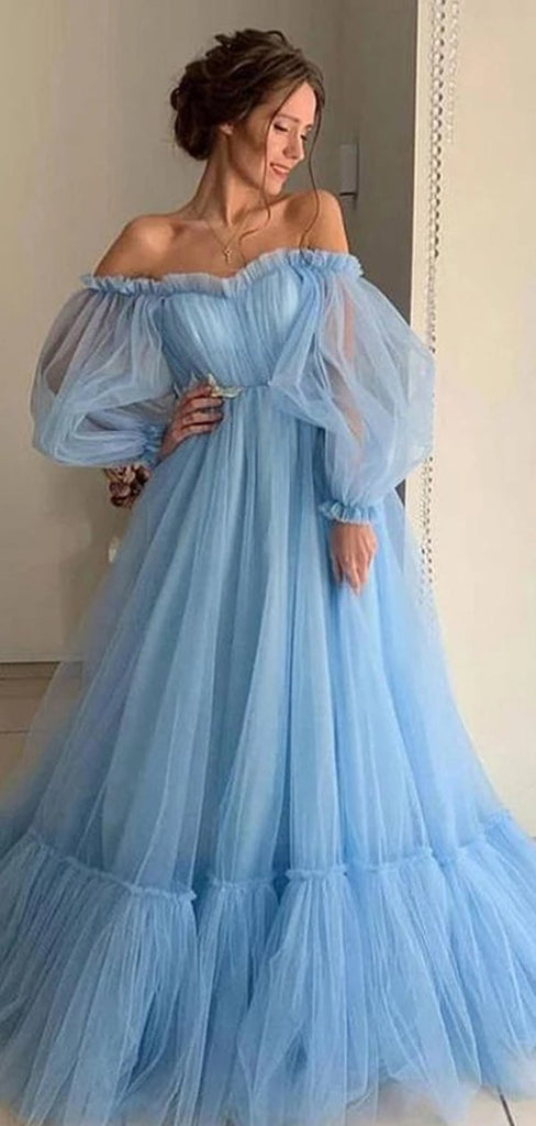 Blue Off The Shoulder Long Sleeves A-line Long Evening Party Prom Dresses, Prom Dresses Stores,12335