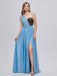 Blue One Shoulder A-line High Slit Cheap Long Prom Dresses Online,12797