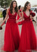 Bright Red V Neck Tulle Lace A-line Cheap Bridesmaid Dresses Online, WG348