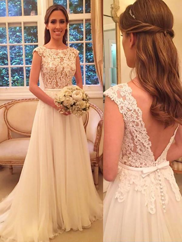 Cap Sleeve Lace See Through Chiffon Beach Wedding Dresses Online, WD418