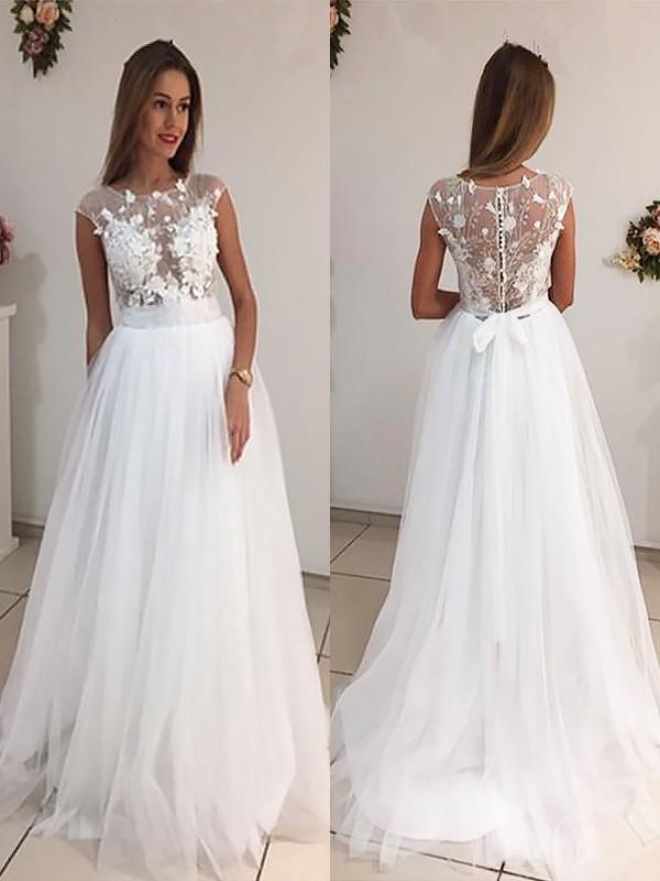 Cap Sleeves Bateau A-line Wedding Dresses Online, Cheap See Through Lace Bridal Dresses, WD448