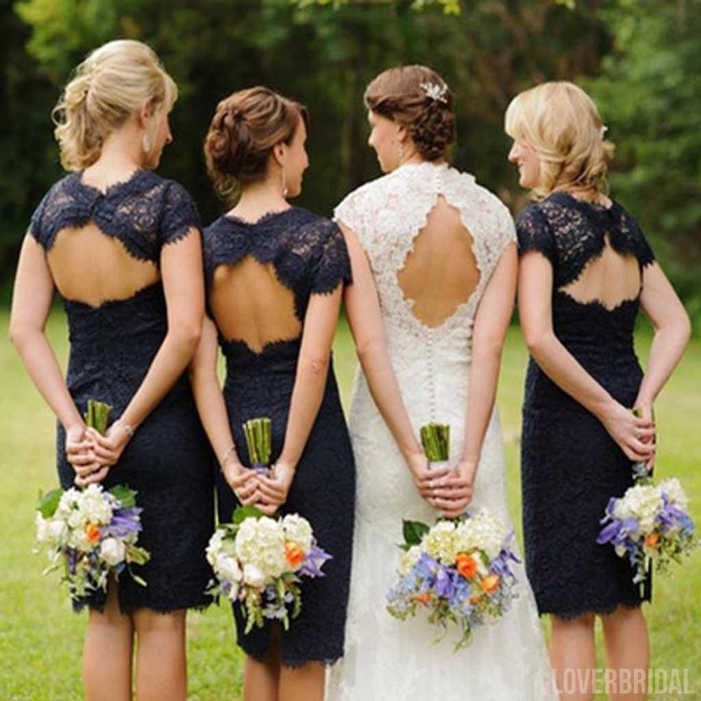 Charming Elegant Lace Navy Blue Open Back Knee-Length Short Mini Cap Sleeve Cheap Bridesmaid Dresses, WG095