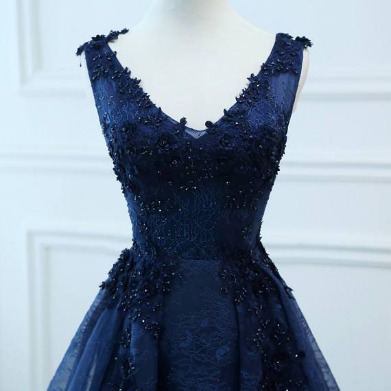 Corset Navy V Neck A-line Lace Custom Long Evening Prom Dresses, 17716
