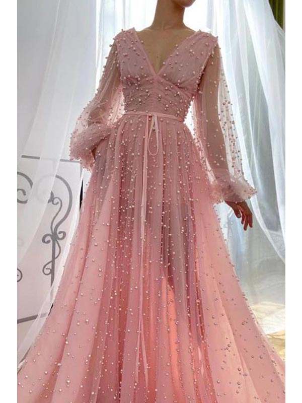 Cute Pink A-line V-neck Long Sleeves Maxi Long Party Prom Dresses,13082