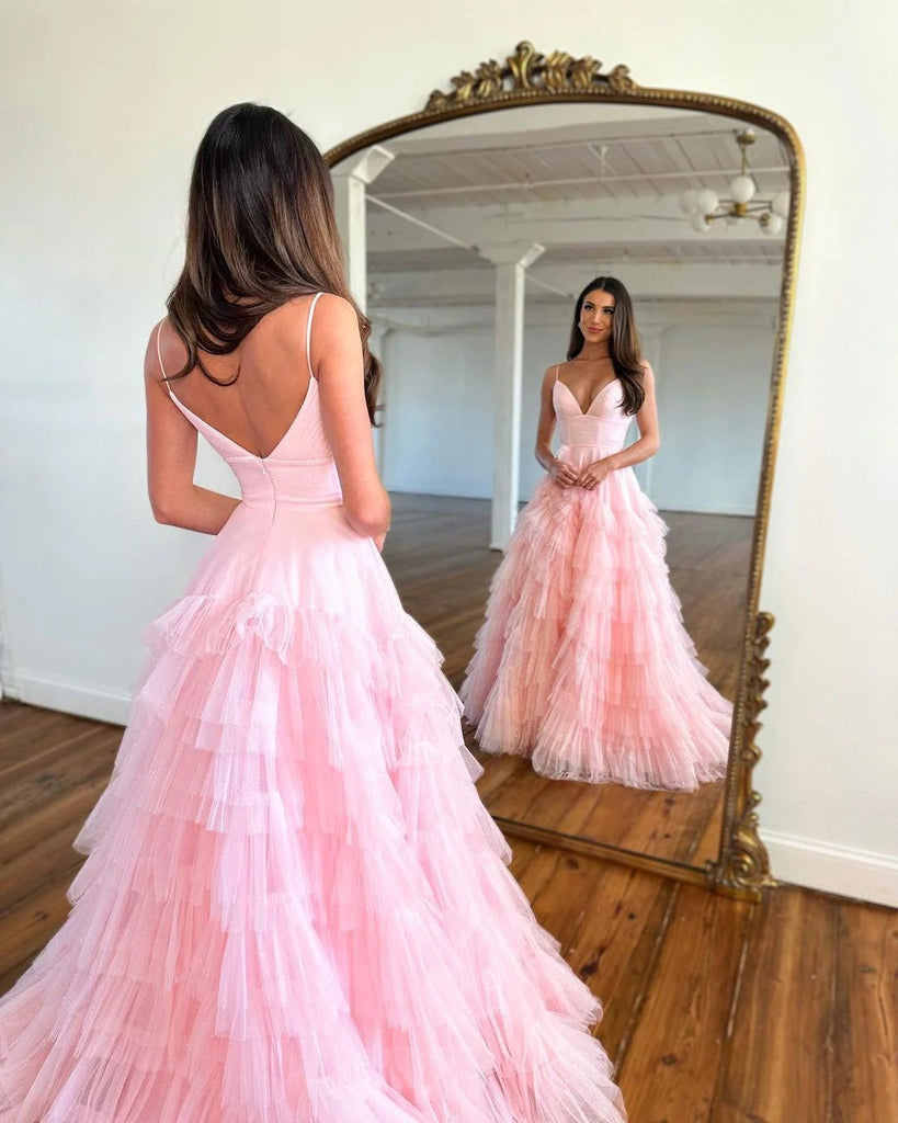 Cute Pink A-line V-neck Spaghetti Straps Maxi Long Party Prom Dresses,13083