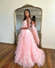 Cute Pink A-line V-neck Spaghetti Straps Maxi Long Party Prom Dresses,13083