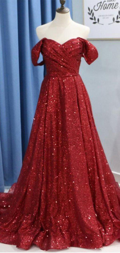 Dark Red Sparkly Off Shoulder A-line Long Evening Prom Dresses, Evening Party Prom Dresses, 12294